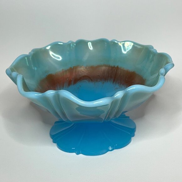 Turquoise/Blue Footed Glass Shallow Ruffled Edge Vintage Bowl - Picture 3 of 10